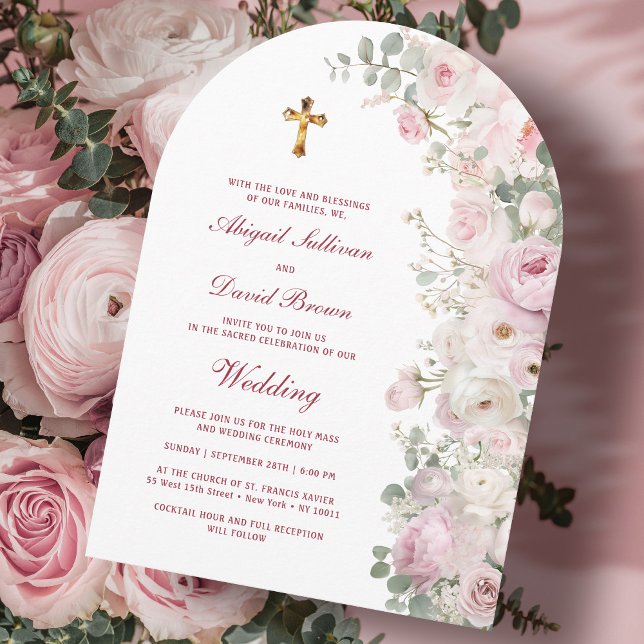 Convite Flores Rosa Pálido Arco Casamento Religioso (Criador carregado)