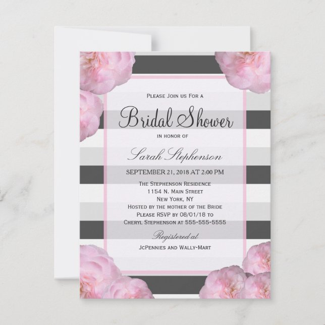 Convite Flores rosa & Pretas, Cinzas e Estrias Brancas (Frente)