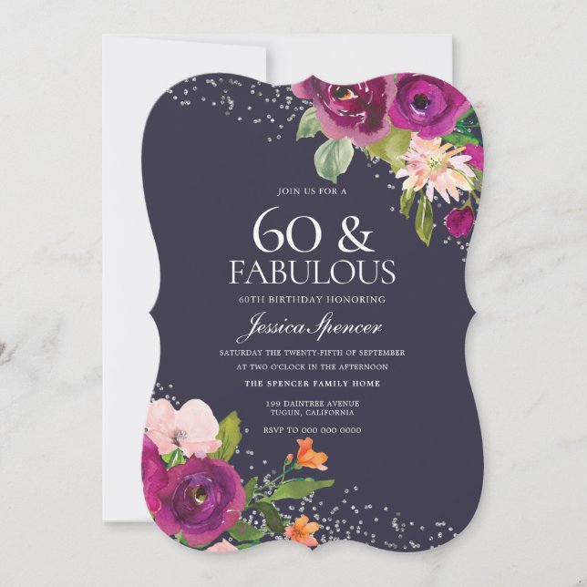 Convite Flores Rosa Purple Back 60ª Festa de aniversário (Frente)