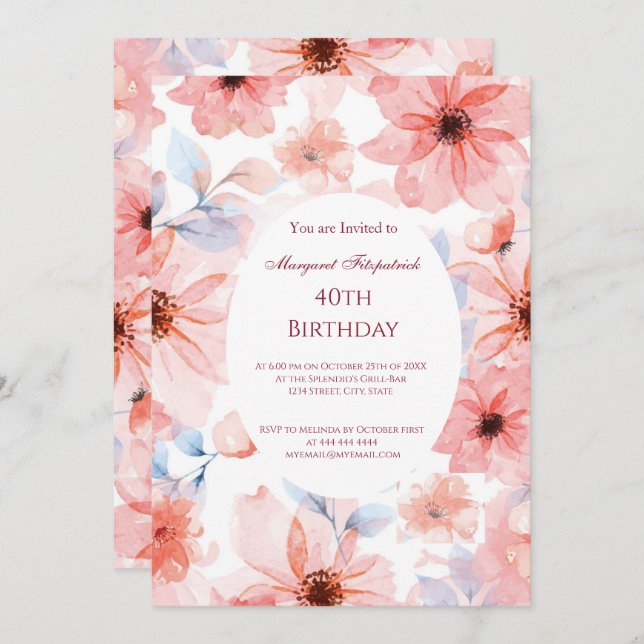 Convite Flores Rosa Qualquer Festa de aniversário (Frente/Verso)