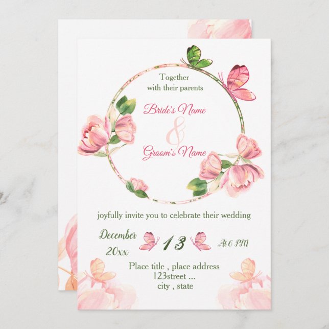 Convite flores rosa quente folhas verdes borboletas casame (Frente/Verso)