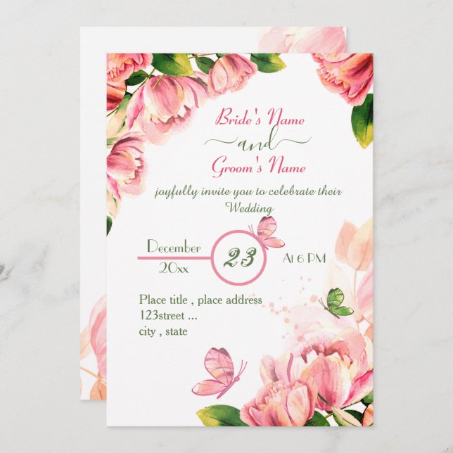 Convite flores rosa quente folhas verdes borboletas casame (Frente/Verso)