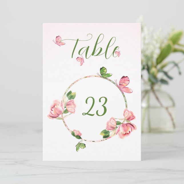 Convite flores rosa quentes borboletas verdes número da me (Em pé/Frente)