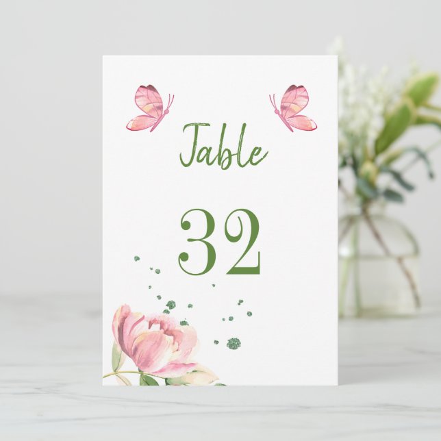 Convite flores rosa quentes borboletas verdes número da me (Em pé/Frente)