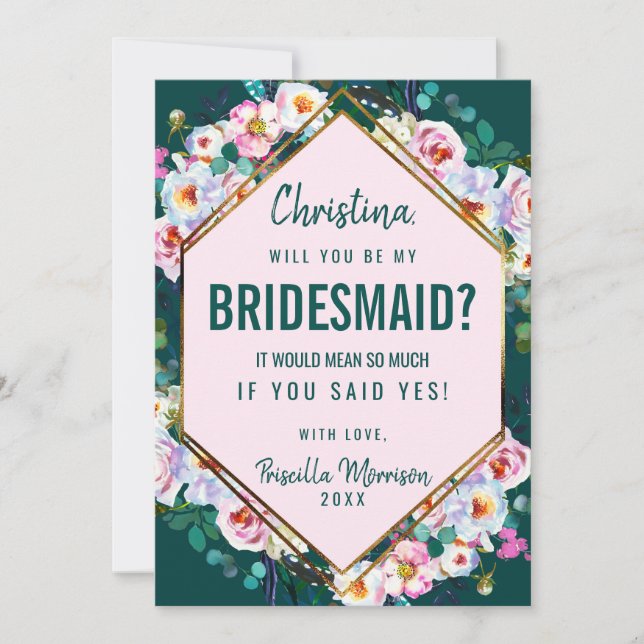 Convite Flores Rosa Relevo Dourado Bridesmaid de Jade Esme (Frente)