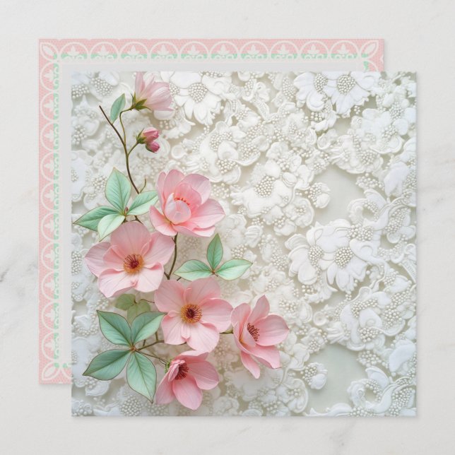 Convite Flores Rosa Renováveis No Lace Bridal Branco (Frente/Verso)