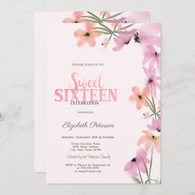 Convite Flores Rosa Rosa-Rosa-Flores Aquecidas 16 (Frente/Verso)