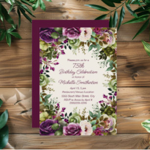Convite Flores Rosa Roxo Folhas Verdes Aniversário de 75 a