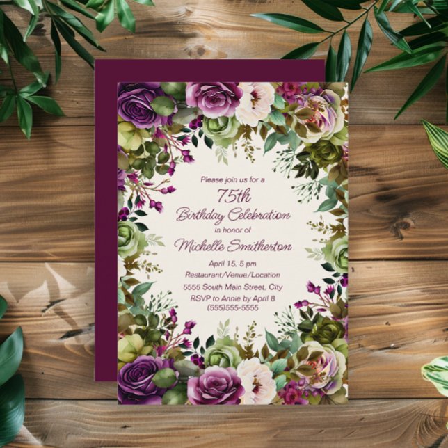Convite Flores Rosa Roxo Folhas Verdes Aniversário de 75 a (Elegant purple and pink watercolor floral 75th birthday party invitation)