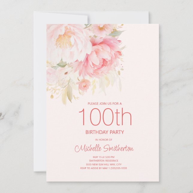 Convite Flores Rosa Suave 100º Aniversário (Frente)