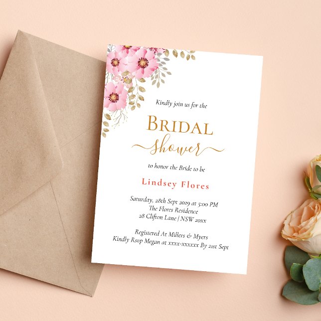 Convite Flores Rosa Suave Folhagens Dourado Chá de Bebê de (Soft pink flowers greenery gold invitation adds a fresh, romantic bridal shower feel)