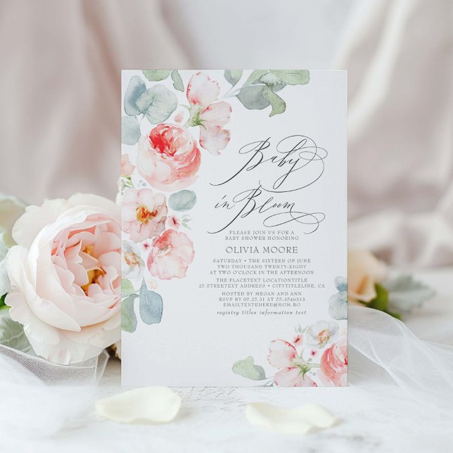 Convite Flores Rosa Suaves Chá de fraldas Elegante de Garo (Baby in Bloom Cute Pink Floral Baby Shower Invitations)