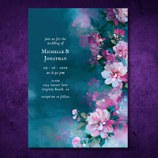 Convite Flores Rosa Teal Românticas | Casamento Floral