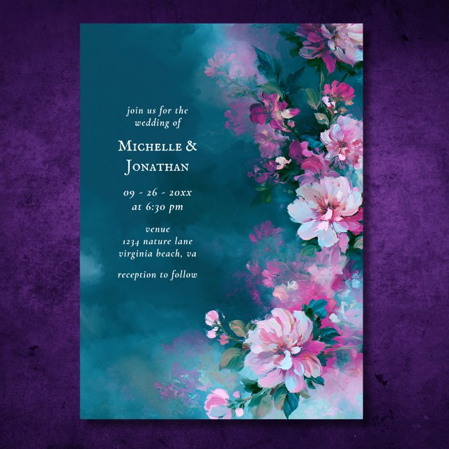 Convite Flores Rosa Teal Românticas | Casamento Floral (Romantic Teal Pink Flowers  Floral Wedding Invitation Front)