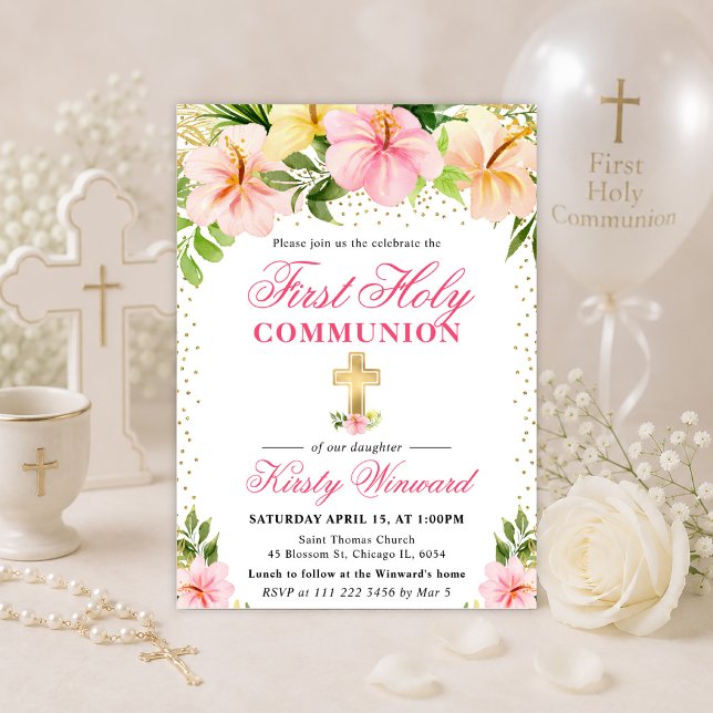 Convite Flores Rosa Tropical Primeira Comunhão (Criador carregado)