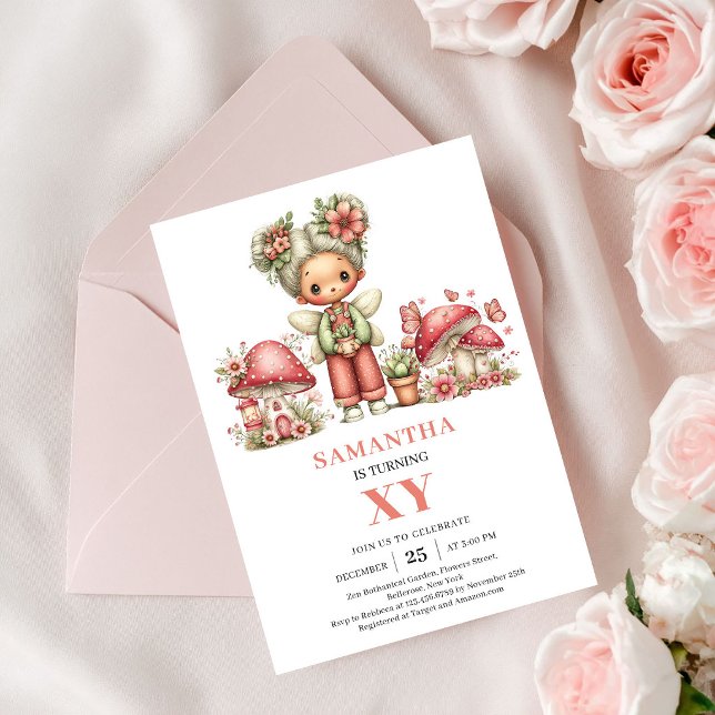 Convite Flores Rosadas de Aniversário de 4 anos da (Radiant Fairy 4th Birthday Blush Flowers Invitation)