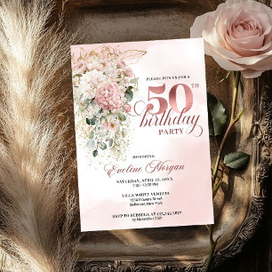 Convite Flores Rosadas Rose Gold Folhagem 50º Aniversário