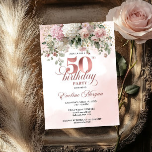 Convite Flores Rosadas Rose Gold Folhagem 50º Aniversário