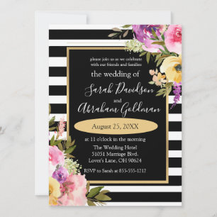 Convite Flores Rosas de Casamento Inv de Stripes Negra e B