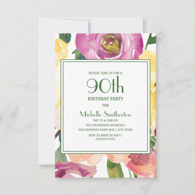 Convite Flores Roxas Amarelas Rosadas Aniversário de 90 an (Frente)