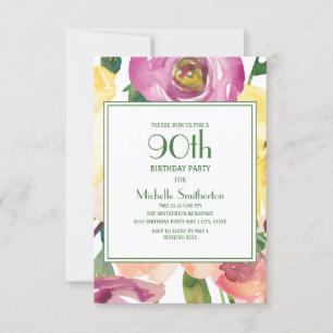 Convite Flores Roxas Amarelas Rosadas Aniversário de 90 an