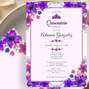 Convite Flores Roxas Aniversário de 15 anos Quinceanera