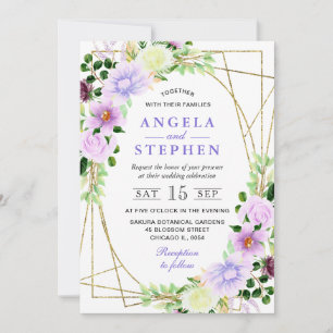 Convite Flores Roxas Aquarela Moldura Dourada Casamento