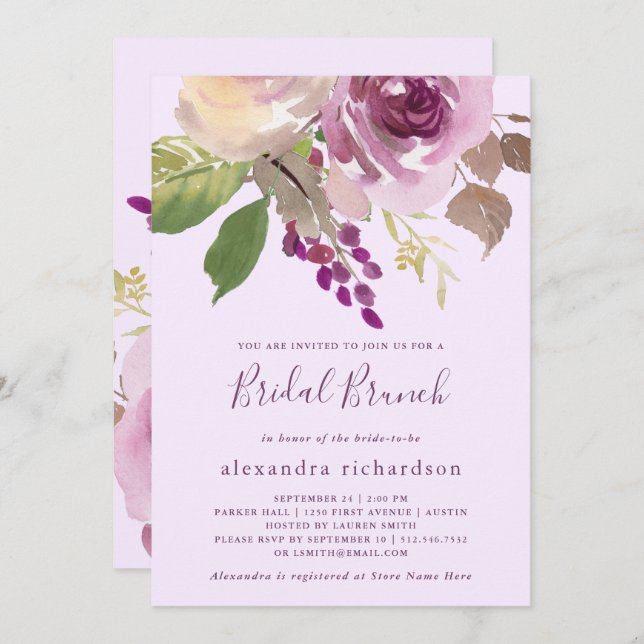 Convite Flores Roxas bonito | Bridal Brunch (Frente/Verso)