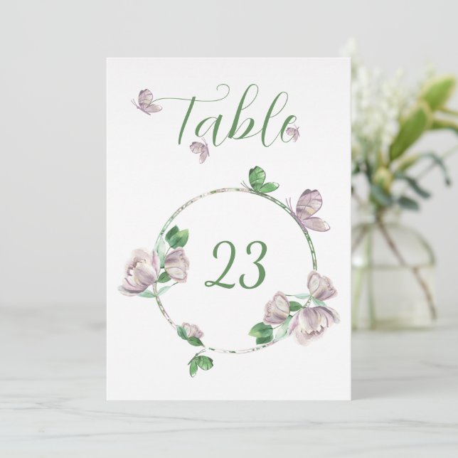 Convite flores roxas borboletas verdes número da mesa (Em pé/Frente)