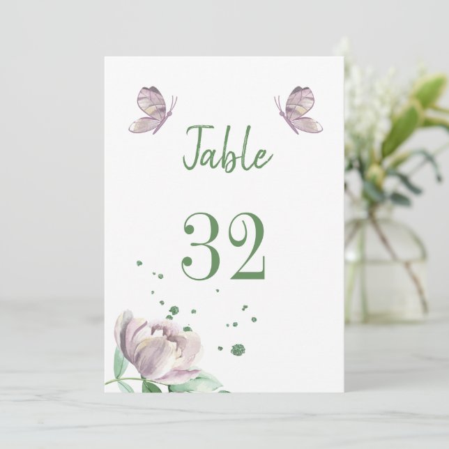 Convite flores roxas borboletas verdes número da mesa (Em pé/Frente)