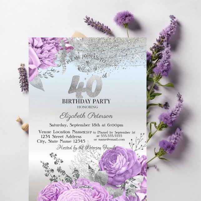 Convite Flores Roxas Brilham Prata Aniversário de 40 anos  (Criador carregado)