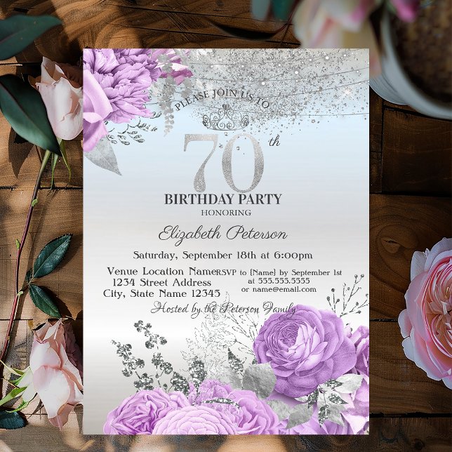 Convite Flores Roxas Brilho Prata Aniversário de 70 anos   (Criador carregado)