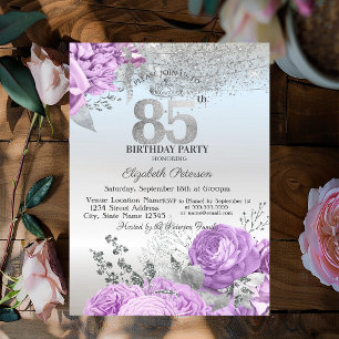 Convite Flores Roxas Brilho Prata Aniversário de 85 anos