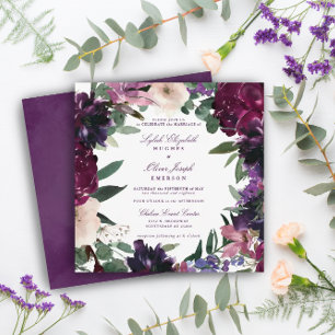 Convite Flores Roxas Casamento romântico