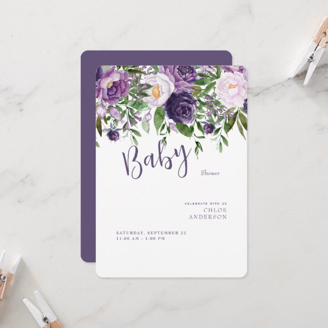 Convite Flores Roxas Chá Menina Arredondada (Frente/Verso In Situ)