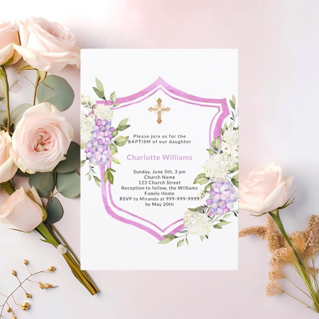 Convite Flores roxas cor-de-rosa com crista batismo (Criador carregado)