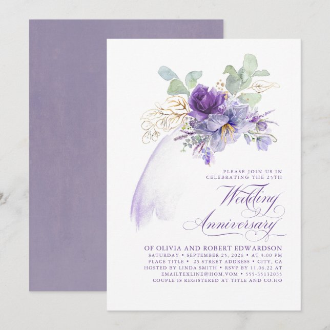 Convite Flores Roxas de Lavanda para Aniversário de Casame (Frente/Verso)