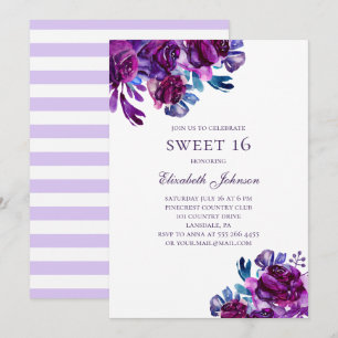 Convite Flores roxas Doce 16. Violet floral aniversário