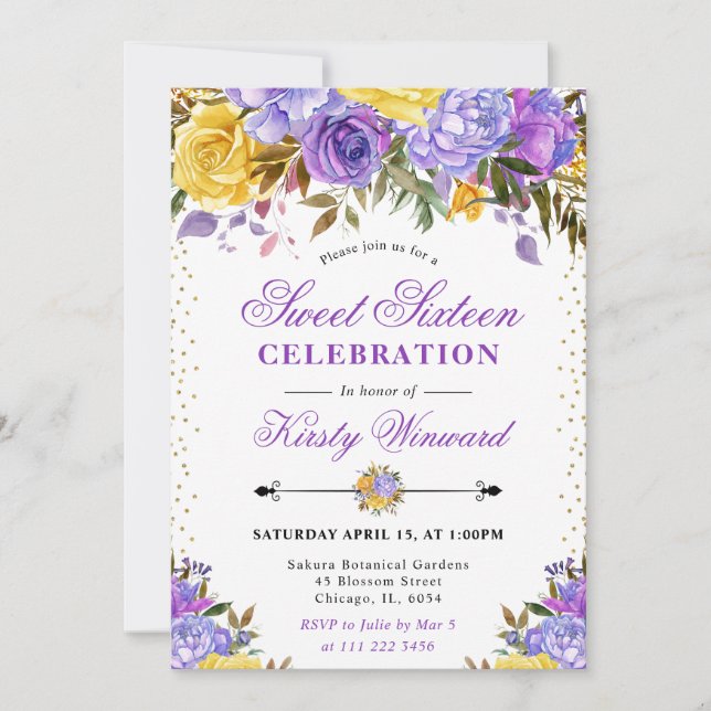 Convite Flores Roxas e Amarelas em Aquarela Sweet 16 (Frente)