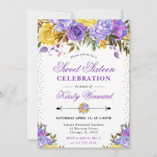 Convite Flores Roxas e Amarelas em Aquarela Sweet 16