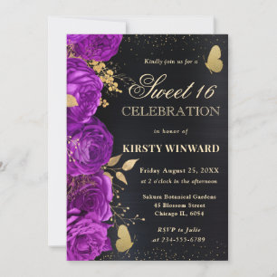Convite Flores Roxas e Douradas Elegantes para Sweet Sixte
