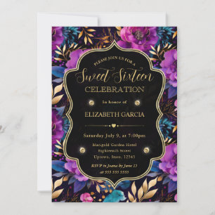 Convite Flores Roxas e Douradas em Aquarela Sweet 16