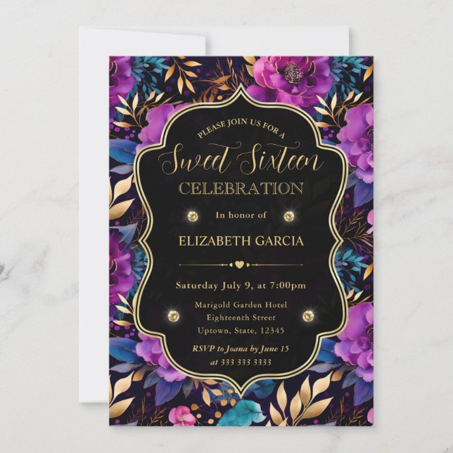 Convite Flores Roxas e Douradas em Aquarela Sweet 16 (Frente)