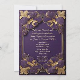 Convite Flores Roxas e Douradas Quadro Dourado 50º Anivers