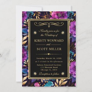 Convite Flores Roxas e Turquesa em Aquarela Casamento