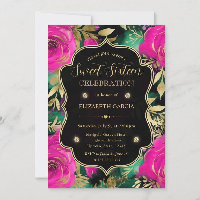 Convite Flores Roxas e Turquesa em Aquarela Sweet 16 (Frente)
