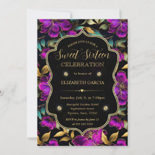 Convite Flores Roxas e Turquesa em Aquarela Sweet 16