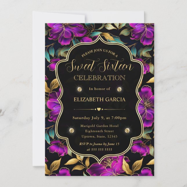 Convite Flores Roxas e Turquesa em Aquarela Sweet 16 (Frente)