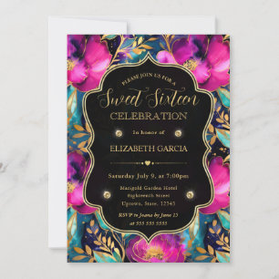 Convite Flores Roxas e Turquesa em Aquarela Sweet 16