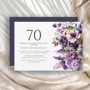 Convite Flores Roxas Elegantes Aniversário de 70 Anos Adul
